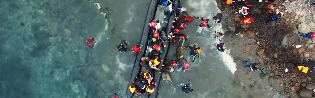 Raft in water with rescue team and civilians